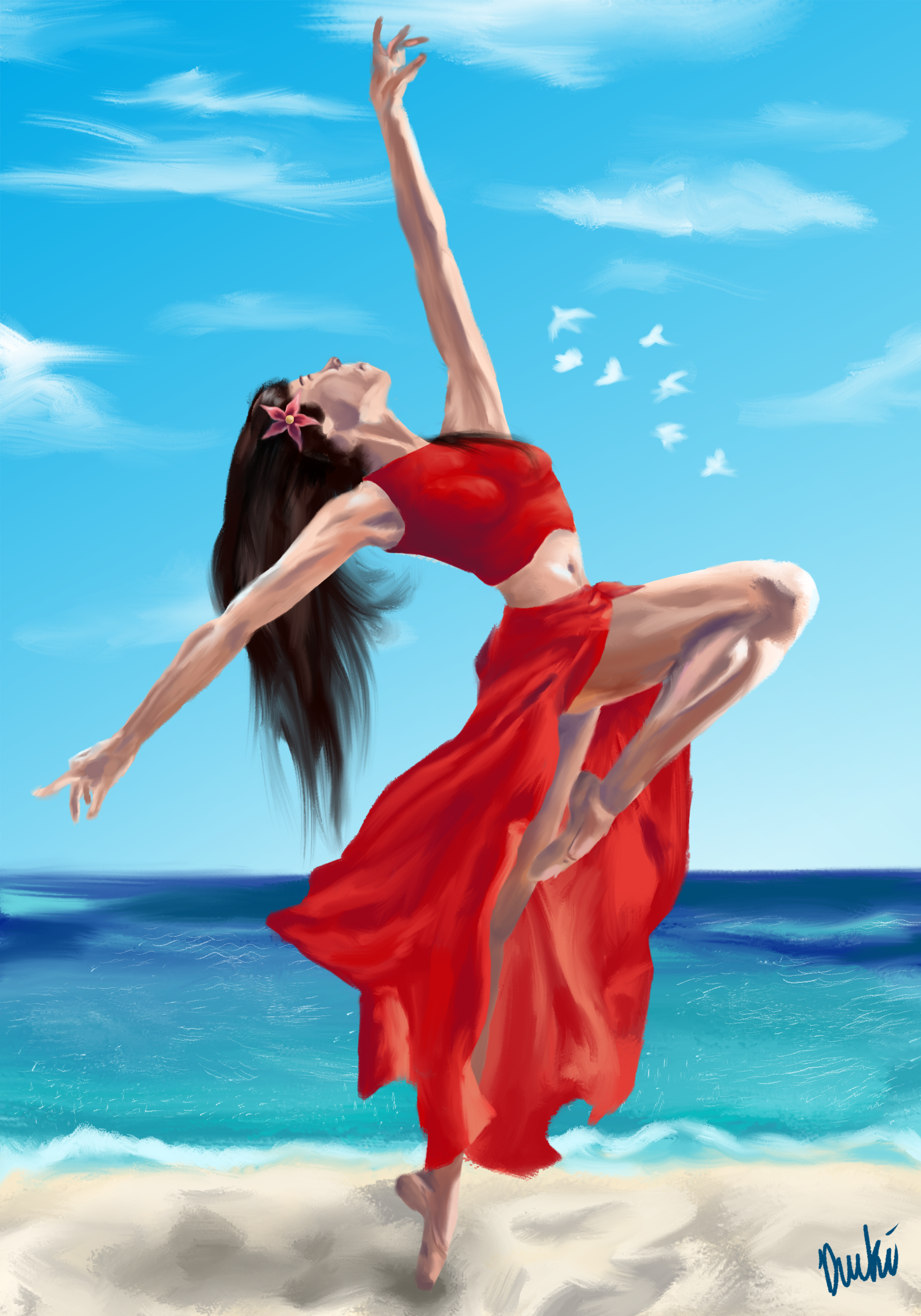 A woman dancing at the beach.